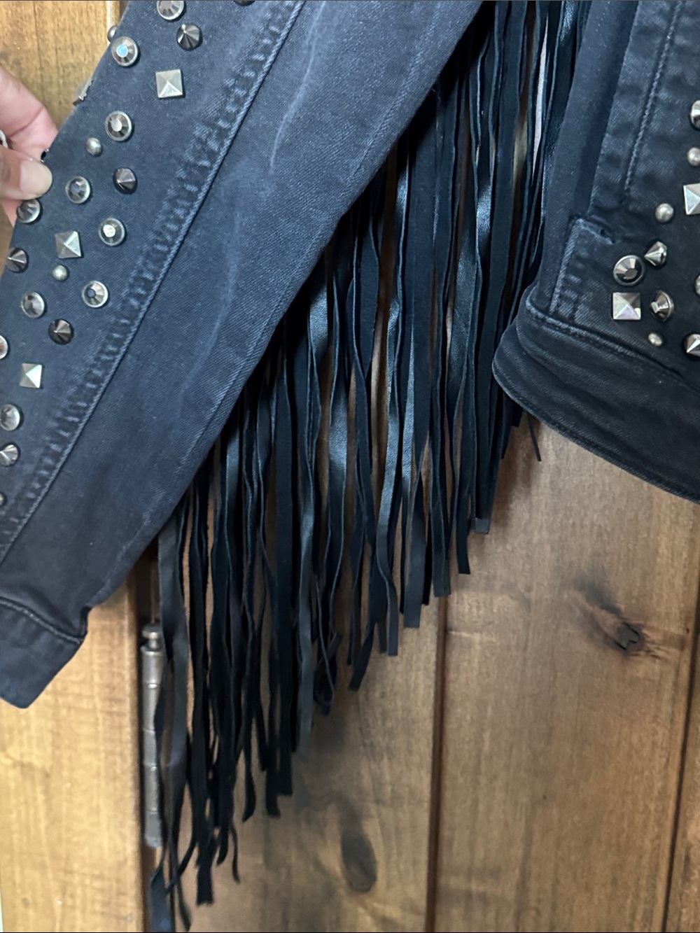 GUESS Black Studded with leather Fringe Denim Jacket - Picture 3 of 6